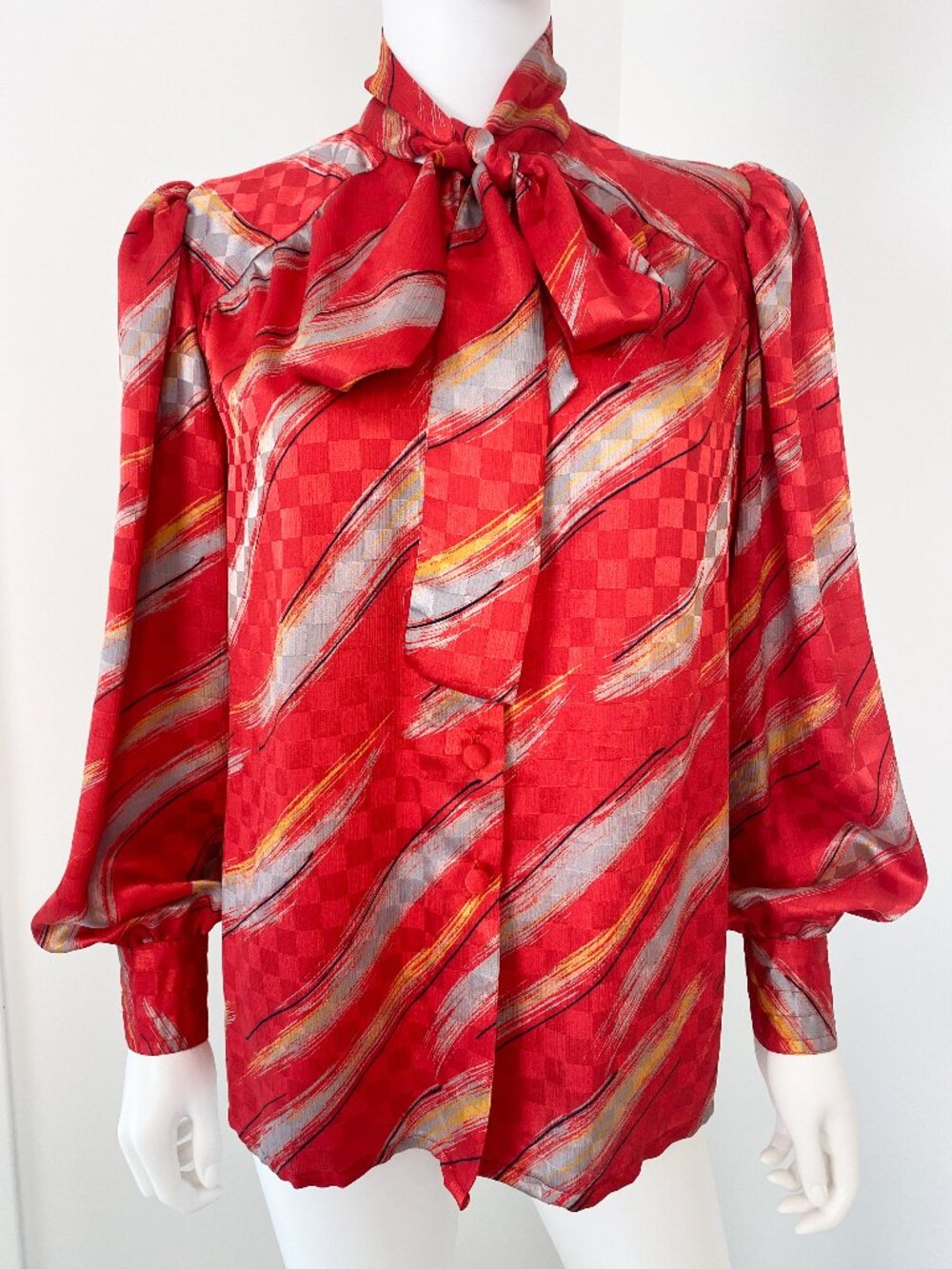 Vintage 1980s Silky Red and Gray Bow Blouse Top Size 10/12
